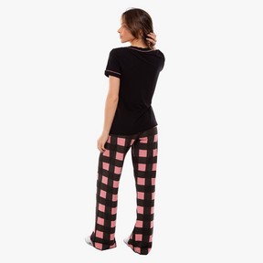 PIJAMA FEMININO IWS MANGA CURTA COM CALÇA XADREZ ROSA